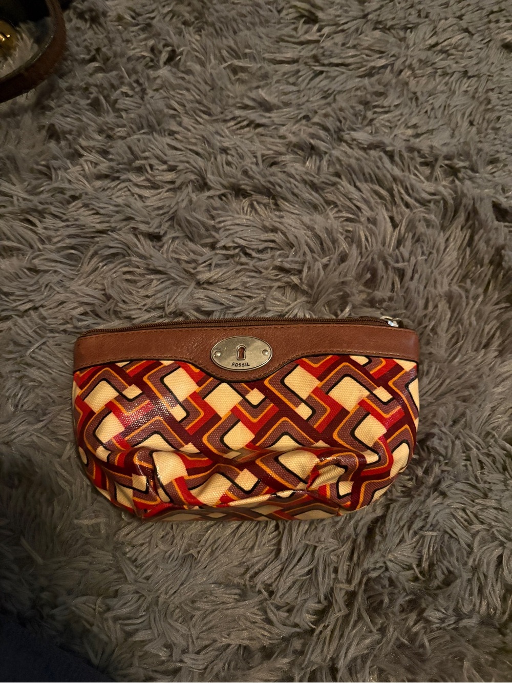 Fossil Brown, Red & Cream Geometric Cosmetic Pouch